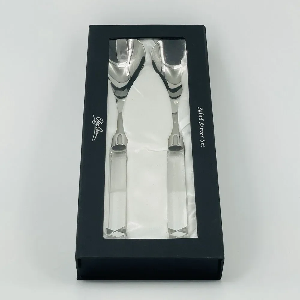 Oleg Cassini Stainless Salad Server Set Crystal Square Handles Satin Lined Box